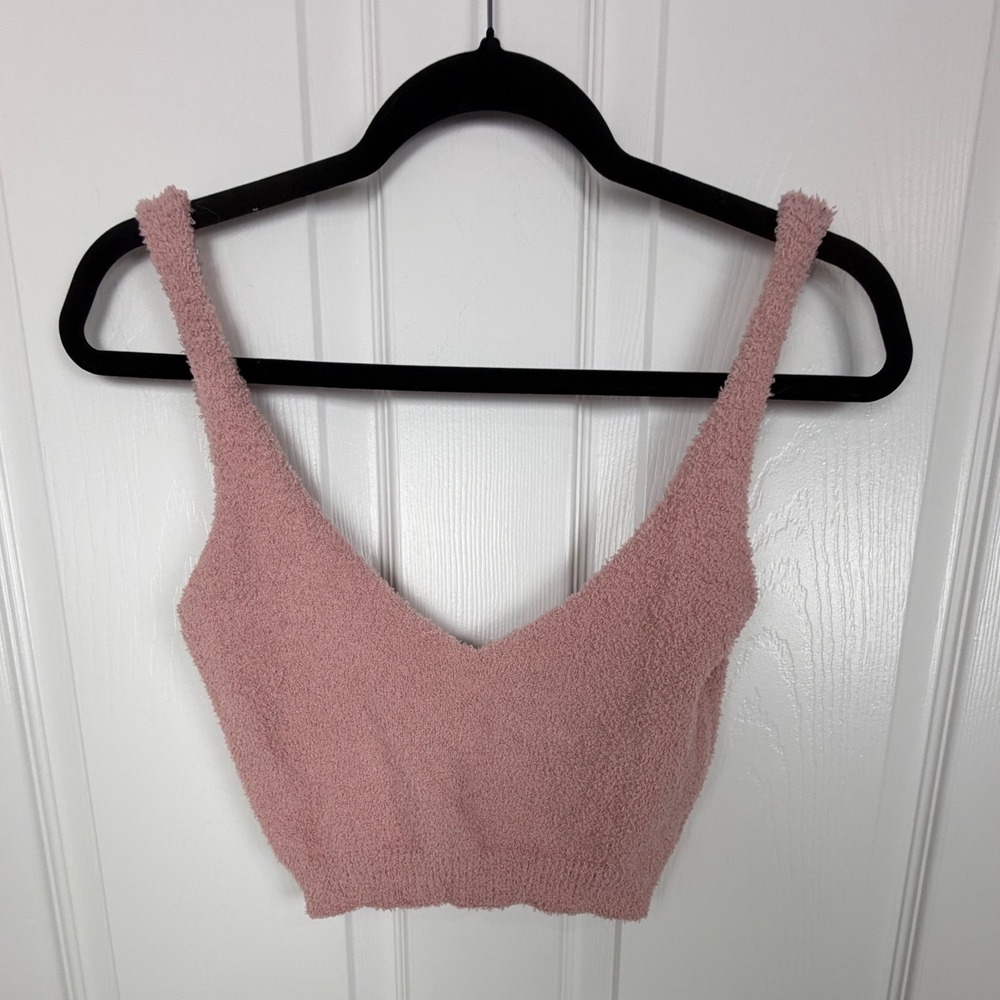 RIVIR Fuzzy Knit Crop Top Dusty Rose Pink V-Neck Sleeveless Teddy Tank M